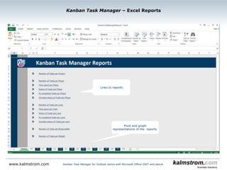 Kanban Task Manager ‒ Custom Field
Kanban Task Manager for Outlook works with Microsoft Office 2007 and abovewww.kalmstrom.com
When a name is entered for Extra field,
a new tab will be shown, where you can
add the values for the custom field.
These values can be selected in a new
dropdown in the task.
 