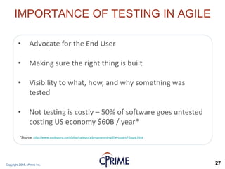 Copyright 2015, cPrime Inc. 27
IMPORTANCE OF TESTING IN AGILE
• Advocate for the End User
• Making sure the right thing is built
• Visibility to what, how, and why something was
tested
• Not testing is costly – 50% of software goes untested
costing US economy $60B / year*
*Source: http://www.codeguru.com/blog/category/programming/the-cost-of-bugs.html
 