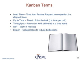 Copyright 2015, cPrime Inc. 9
Kanban Terms
• Lead Time – Time from Feature Request to completion (i.e.
elapsed time)
• Cycle Time – Time to finish the task (i.e. time per unit)
• Throughput – Amount of work delivered in a time frame
• WIP – Work in Process
• Swarm – Collaboration to reduce bottlenecks
 