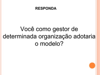 RESPONDA
Você como gestor de
determinada organização adotaria
o modelo?
 