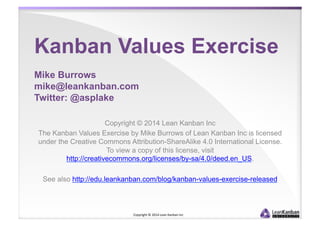 Kanban Values Exercise 
Mike Burrows 
mike@djaa.com 
Twitter: @asplake and @KanbanInside 
Copyright © 2014 David J Anderson and Associates Ltd 
The Kanban Values Exercise by Mike Burrows of David J Anderson and Associates Ltd is 
licensed under the Creative Commons Attribution-ShareAlike 4.0 International License. 
To view a copy of this license, visit 
http://creativecommons.org/licenses/by-sa/4.0/deed.en_US. 
See also http://edu.leankanban.com/blog/kanban-values-exercise-released 
Copyright 
© 
2014 
David 
J 
Anderson 
and 
Associates 
Ltd 
 