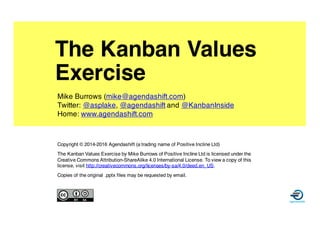Mike Burrows (mike@agendashift.com)
Twitter: @asplake, @agendashift and @KanbanInside
Home: www.agendashift.com
The Kanban Values
Exercise, 2016 Edition
Copyright © 2014-2016 Agendashift (a trading name of Positive Incline Ltd)
The Kanban Values Exercise by Mike Burrows of Positive Incline Ltd is licensed under the
Creative Commons Attribution-ShareAlike 4.0 International License. To view a copy of this
license, visit http://creativecommons.org/licenses/by-sa/4.0/deed.en_US.
Copies of the original .pptx files may be requested by email.
 