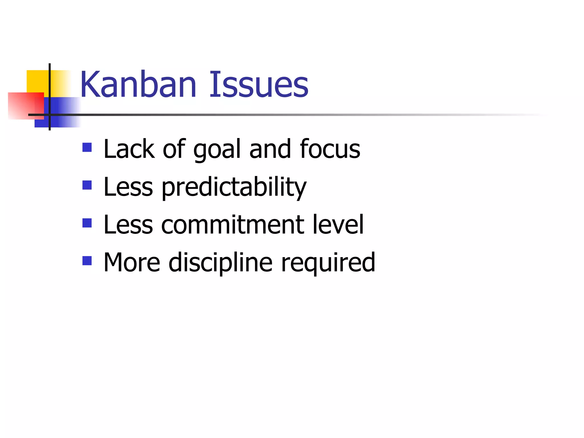 Kanban Issues Lack of goal and focus Less predictability Less commitment level More discipline required 