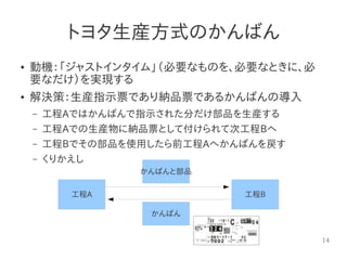 14
トヨタ生産方式のかんばん
● 動機：「ジャストインタイム」（必要なものを、必要なときに、必
要なだけ）を実現する
● 解決策：生産指示票であり納品票であるかんばんの導入
– 工程Aではかんばんで指示された分だけ部品を生産する
– 工程Aでの生産物に納品票として付けられて次工程Bへ
– 工程Bでその部品を使用したら前工程Aへかんばんを戻す
– くりかえし
工程A 工程B
かんばんと部品
かんばん
 