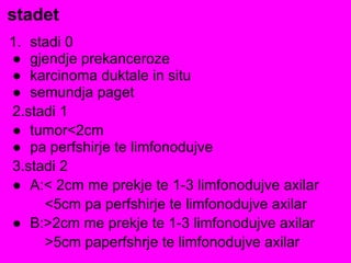 1. stadi 0
● gjendje prekanceroze
● karcinoma duktale in situ
● semundja paget
2.stadi 1
● tumor<2cm
● pa perfshirje te limfonodujve
3.stadi 2
● A:< 2cm me prekje te 1-3 limfonodujve axilar
<5cm pa perfshirje te limfonodujve axilar
● B:>2cm me prekje te 1-3 limfonodujve axilar
>5cm paperfshrje te limfonodujve axilar
stadet
 