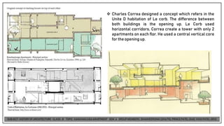 ❖ Charles Correa designed a concept which refers in the
Unite D habitation of Le corb. The difference between
both buildings is the opening up. Le Corb used
horizontal corridors, Correa create a tower with only 2
apartments on each flor. He used a central vertical core
forthe opening up.
 