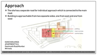 Approach
❖ The sitehas a separate road for individual approach which is connected tothe main
road.
❖ Building is approachable from two opposite sides,one from east and one from
west
KANCHANJUNGA
APARTMENT72,G.
Deshmukh RoadMumbai
MH India
 