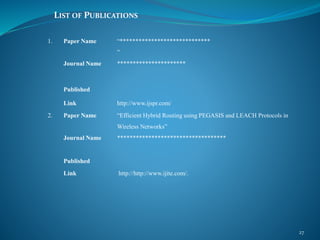 LIST OF PUBLICATIONS
27
1. Paper Name “*****************************
”
Journal Name **********************
Published
Link http://www.ijspr.com/
2. Paper Name “Efficient Hybrid Routing using PEGASIS and LEACH Protocols in
Wireless Networks”
Journal Name ***********************************
Published
Link http://http://www.ijite.com/.
 