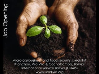 Micro-agribusiness and food security specialist  K’anchay, Vila Vila & Cochabamba, Bolivia  International Service Bolivia (UNAIS) www.isbolivia.org Job Opening 