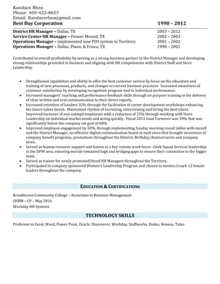 Kandace Rhea
Phone: 469-422-8657
Email: Kandacerhea@gmail.com
Best Buy Corporation 1998 – 2012
District HR Manager – Dallas, TX 2003 – 2012
Service Center HR Manager – Flower Mound, TX 2002 – 2003
Operations Manager – implemented new POS system in Territory 2001 – 2002
Operations Manager – Dallas, Plano, & Frisco, TX 1998 – 2001
Contributed to overall profitability by serving as a strong business partner to the District Manager and developing
strong relationships grounded in business and aligning with HR competencies with District Staff and Store
Leadership.
• Strengthened capabilities and ability to offer the best customer service by focus on the education and
training of new processes, products, and changes to current business practices. Increased awareness of
customer satisfaction by developing recognition program tied to individual performance.
• Increased managers’ coaching and performance feedback skills through on purpose training in the delivery
of clear written and oral communication to their direct reports.
• Increased retention of Leaders 32% through the facilitation of career development workshops enhancing
the future talent bench. Maintained rhythm of recruiting, interviewing and hiring the best talent.
Improved turnover of non-exempt employees with a reduction of 15% through working with Store
Leadership on individual market needs and acting quickly. Fiscal 2011 total Turnover was 39% that was
significantly below the company set goal of 60%.
• Improved employee engagement by 50%, through implementing Sunday morning round tables with myself
and the District Manager, an effective digital communication board in each store that brought awareness of
company benefit programs, promotions throughout the District, Birthday/Anniversaries and company
news.
• Served as human resource support and liaison to a key remote work force- Geek Squad Services leadership
in the DFW area, ensuring morale remained high and bridging gaps to ensure their connection to the bigger
team.
• Served as trainer for newly promoted/hired HR Managers throughout the Territory.
• Participated in company sponsored Women’s Leadership Program and chosen to mentor/coach 12 female
leaders throughout the company.
EDUCATION & CERTIFICATIONS
Brookhaven Community College – Associates in Business Management
SHRM – CP – May 2016
Workday HR Systems
TECHNOLOGY SKILLS
Proficient in Excel, Word, Power Point, Oracle, Discoverer, Workday, Staffworks, Hodes, Kenexa, Taleo
 
