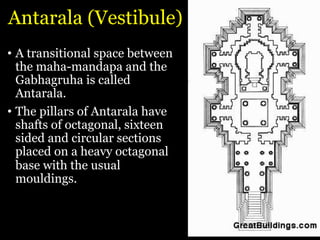 Antarala (Vestibule)
• A transitional space between
the maha-mandapa and the
Gabhagruha is called
Antarala.
• The pillars of Antarala have
shafts of octagonal, sixteen
sided and circular sections
placed on a heavy octagonal
base with the usual
mouldings.
 