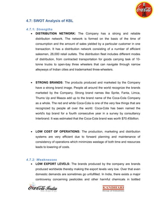 Shoppers ProfileSEGEMENT<br />E & D<br />Convenience<br />Grocery<br />E & D : –<br />Those outlets where people visit to ear of drink are known and eating and drinking outlets. Such as Restaurants and Hotels, Dhabas.<br />Convenience : –<br />Convenience outlets ate those outlets where people visit regularly for various purposes like stationary shop, S.T.D – Booth, Betal Shop and general Store.<br />Grocery : –<br />Those outlets where people visit to purchase food grains and any of such things for future consumption are called as Grocery shops.<br />Based on Volume Pattern<br />According to the volume sale in the outlets the company has adopted a unique policy of categorizing the outlets in four different segments such as:<br />DIAMOND - Those outlets, which give an annual sale of more than 800 crates of Coca - Cola products, are listed in this segment.<br />GOLD- Those outlets, which give an annual sale of less than 200 crates of Coca - Cola products, are listed in this segment.<br />SILVER- Those outlets, which give an annual sale in between 200 to 499 crates of Coca - Cola products, are listed in this segment.<br />BRONZE- Those outlets, which give an annual sale of less than 200 crates of Coca-Cola products, are listed in this segment.<br />2743208890<br />CONCEPT OF RED:<br />Kandhari Beverages Private Limited, Under Eurasia Operating   Group has been working on RED i.e. Right Execution daily since 1993.<br />                Coca-Cola Company believes that its success depends on their ability to connect with consumer by providing them with a wide variety of choices to meet their desire, needs and lifestyles choices. Company’s success further depends on the ability of its people by execute RED effectively every day.<br />Market Segmentation Under RED. <br /> Coca cola company’s market can be segmented in RED along 3 lines- channel cluster, outlet volume and locality income.<br /> Number of shoppers or consumer in the given universe:                                                        Coca cola attract the population by executing the following activities.<br />Bringing the cooler at the entrance.