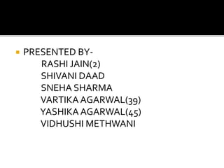  PRESENTED BY-
RASHI JAIN(2)
SHIVANI DAAD
SNEHA SHARMA
VARTIKA AGARWAL(39)
YASHIKA AGARWAL(45)
VIDHUSHI METHWANI
 