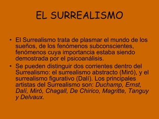 EL SURREALISMO El Surrealismo trata de plasmar el mundo de los sueños, de los fenómenos subconscientes, fenómenos cuya importancia estaba siendo demostrada por el psicoanálisis.  Se pueden distinguir dos corrientes dentro del Surrealismo: el surrealismo abstracto (Miró), y el surrealismo figurativo (Dalí). Los principales artistas del Surrealismo son:  Duchamp, Ernst, Dalí, Miró, Chagall, De Chirico, Magritte, Tanguy y Delvaux.   