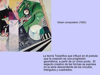La teoría Teosófica que influyó en él postula que la creación es una progresión geométrica, a partir de un único punto.  El aspecto creativo de las formas se expresa en la serie descendente de los círculos, triángulos y cuadrados.  Green composition (1923) 