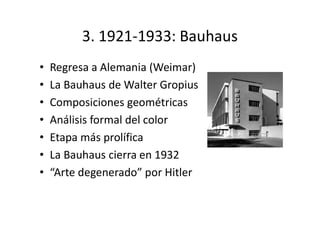 3. 1921-1933: Bauhaus
• Regresa a Alemania (Weimar)
• La Bauhaus de Walter Gropius
• Composiciones geométricas
• Análisis formal del color
• Etapa más prolífica
• La Bauhaus cierra en 1932
• “Arte degenerado” por Hitler
 