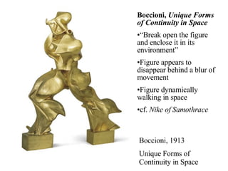 Boccioni, 1913 Unique Forms of Continuity in Space Boccioni,  Unique Forms of Continuity in Space “ Break open the figure and enclose it in its environment” Figure appears to disappear behind a blur of movement Figure dynamically walking in space cf.  Nike of Samothrace 