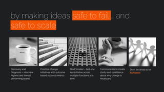 Discovery and
Diagnosis - interview
highest and lowest
performing teams
Prioritize change
initiatives with outcome
based success metrics
Don’t be afraid to be
human(e)
Start Smaller – test one
key initiative across
multiple functions at a
time
Communicate to create
clarity and conﬁdence
about why change is
necessary
by making ideas safe to fail … and
safe to scale
 