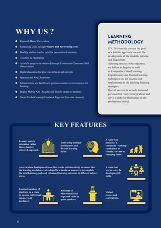 6
WHY US ?
Research Based Curriculum.
Enhancing skills through ‘Sports and Performing Arts’.
Healthy student/teacher ratio for personalized attention.
Teachers as Facilitators.
A child’s progress is observed through Continuous Classroom Skill
Observations.
Digital classrooms that give voice to books and concepts.
Spacious and Airy Classrooms.
Infrastructure and facilities to promote conducive environment for
learning.
Digital Mobile App (Regular and Timely update to parents).
Social Media Connect (Facebook Page and You tube channel).
LEARNING
METHODOLOGY
S.V.I.S staunchly pursues the goal
of a holistic approach towards the
development of the students persona
and disposition.
Adhering strictly to the objective,
we follow an Inquiry as well
as Competency based learning.
Expeditionary and blended learning
techniques too are adapted and
implemented in the teaching learning
strategies.
Overall our aim is to build balanced
personalities ready to forge ahead and
carve a niche for themselves in the
professional world.
KEY FEATURES
Learner centric
education rather
than a teacher
centered approach.
Embracing multiple
intelligences and
diverse learning
styles.
A team that
promotes a
constantly ‘evolving’
curriculum to
remain relevant in
changing times.
A curriculum development team that works collaboratively to ensure that
the learning modules are developed in a hands on manner to accomplish
ent subject
areas.
A team that
works towards
developing life
skills.
Limited number of
students in a class
to ensure individual
support and
guidance.
Virtual
classes and
celebrations.
All kinds of
trips and visits by
guest speakers.
6
 