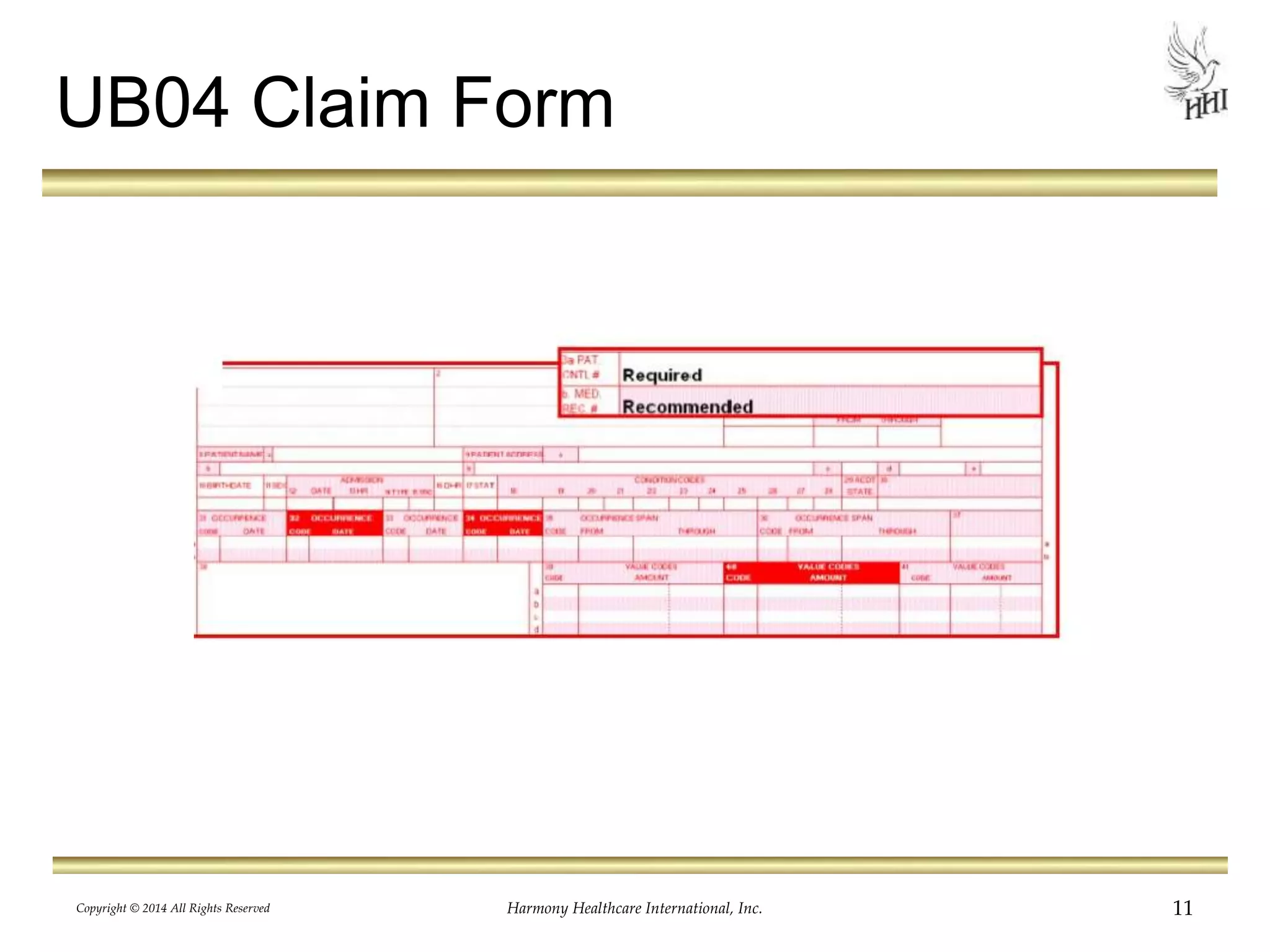 UB04 Claim Form 
Copyright © 2014 All Rights Reserved Harmony Healthcare International, Inc. 11 
 