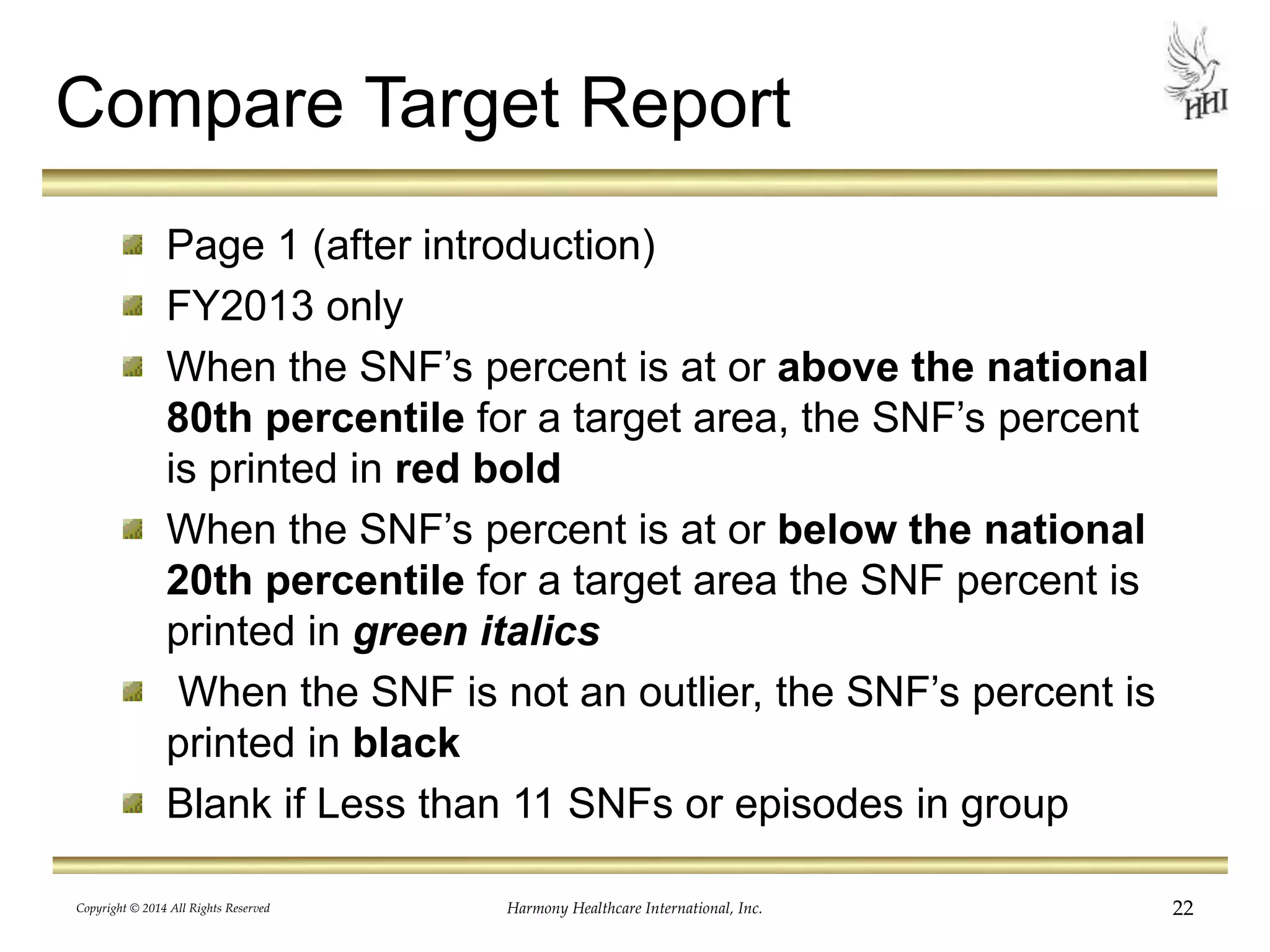 Compare Target Report 
Page 1 (after introduction) 
FY2013 only 
When the SNF’s percent is at or above the national 
80th percentile for a target area, the SNF’s percent 
is printed in red bold 
When the SNF’s percent is at or below the national 
20th percentile for a target area the SNF percent is 
printed in green italics 
When the SNF is not an outlier, the SNF’s percent is 
printed in black 
Blank if Less than 11 SNFs or episodes in group 
Copyright © 2014 All Rights Reserved Harmony Healthcare International, Inc. 22 
 