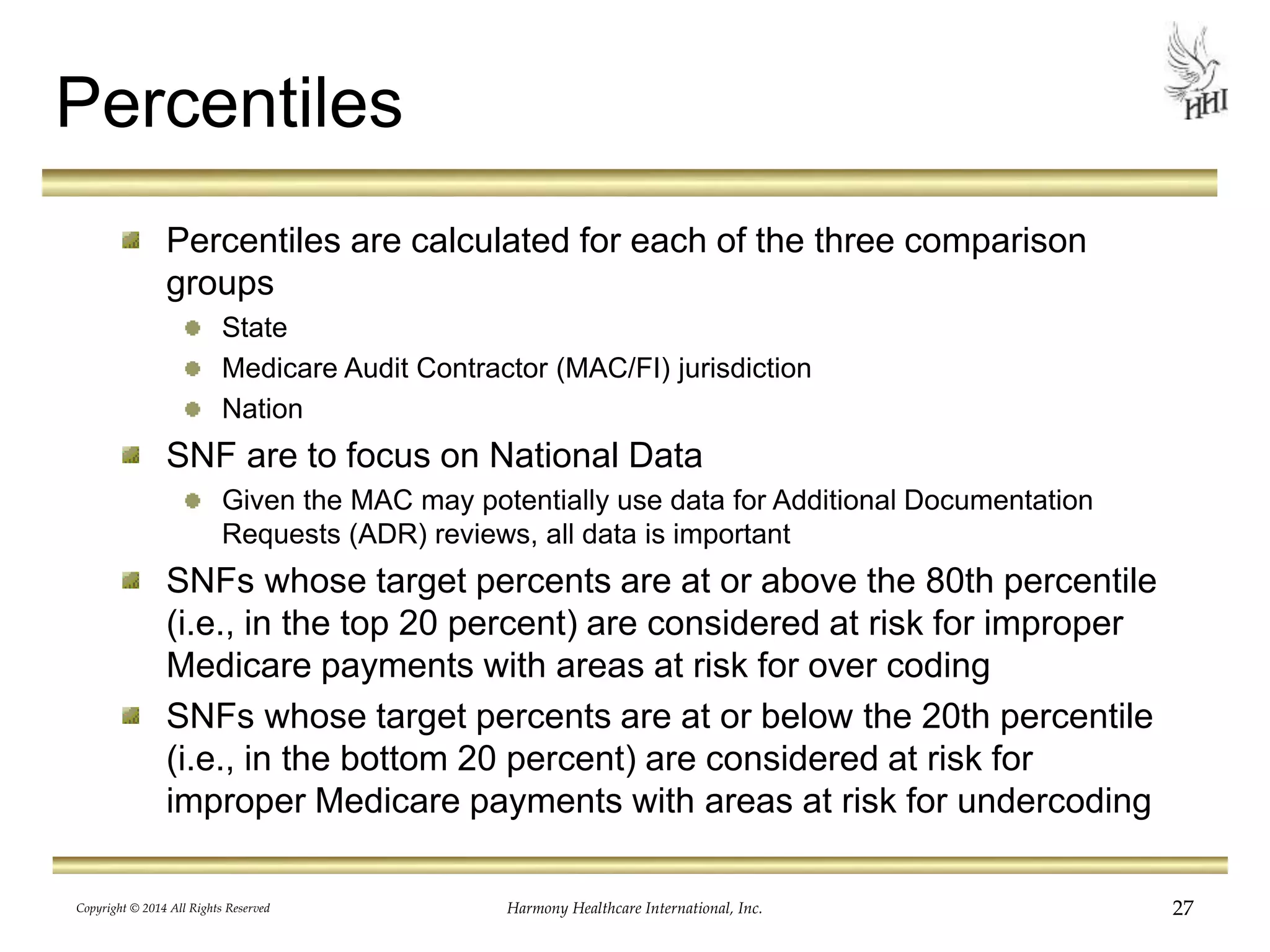 Percentiles 
Percentiles are calculated for each of the three comparison 
groups 
State 
Medicare Audit Contractor (MAC/FI) jurisdiction 
Nation 
SNF are to focus on National Data 
Given the MAC may potentially use data for Additional Documentation 
Requests (ADR) reviews, all data is important 
SNFs whose target percents are at or above the 80th percentile 
(i.e., in the top 20 percent) are considered at risk for improper 
Medicare payments with areas at risk for over coding 
SNFs whose target percents are at or below the 20th percentile 
(i.e., in the bottom 20 percent) are considered at risk for 
improper Medicare payments with areas at risk for undercoding 
Copyright © 2014 All Rights Reserved Harmony Healthcare International, Inc. 27 
 