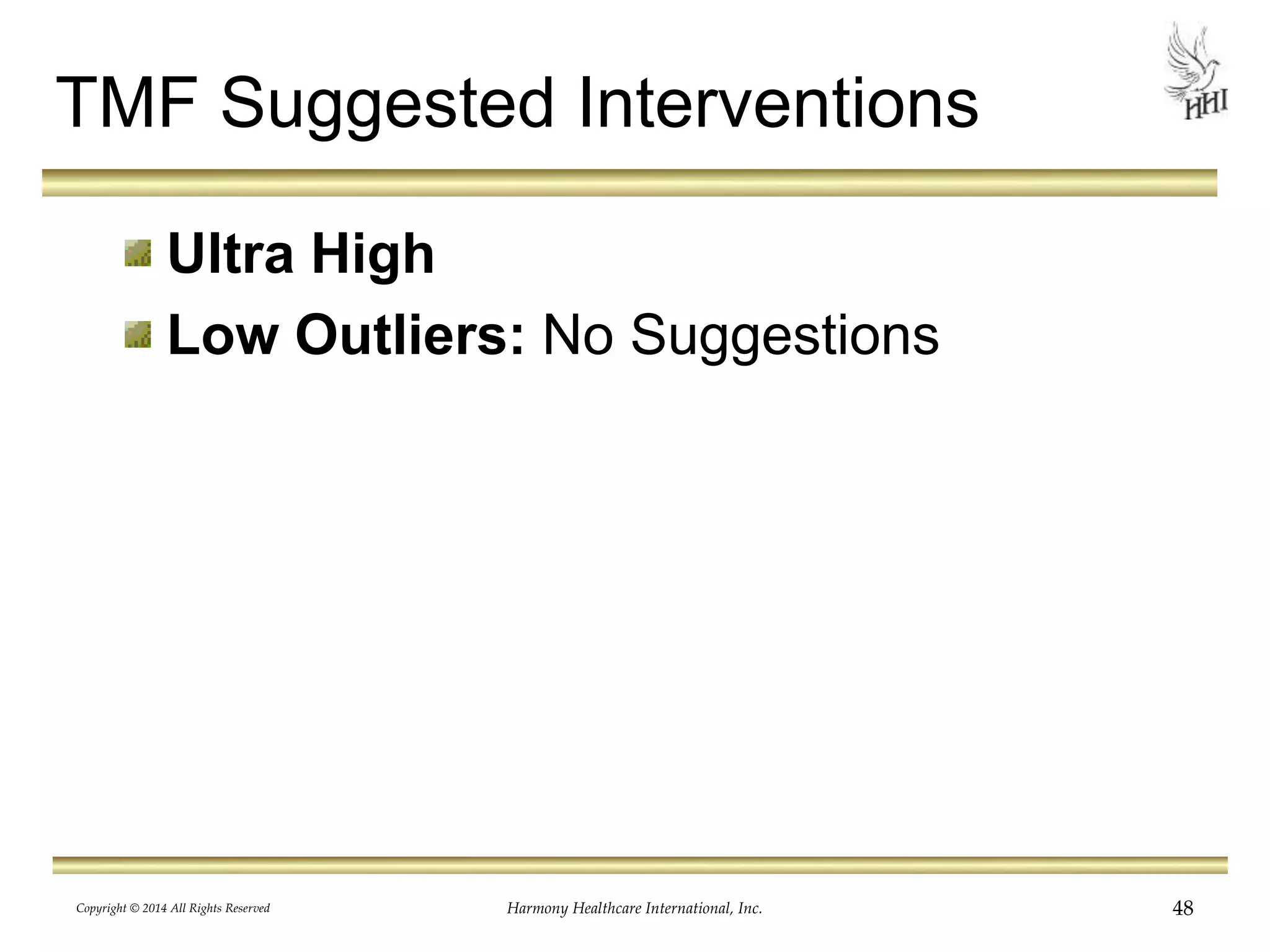 TMF Suggested Interventions 
Ultra High 
Low Outliers: No Suggestions 
Copyright © 2014 All Rights Reserved Harmony Healthcare International, Inc. 48 
 