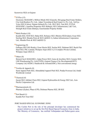 Sectorwise SEZs in Gujarat

 IT/ITes (15)
 Electronic SEZ(GIDC), Million Minds SEZ (Ganesh), Shivganga Real Estate Holders,
 City Gold Realtors Pvt. Ltd., Adani Township & Real Estate Co. Pvt. Ltd., 3rd Eye
 Voice SEZ (Calica), Nipiam Infotech Pvt. Ltd., DLF SEZ, Tata SEZ, IT/ITeS
 SEZ(GIDC), Aqualine Properties SEZ (Raheja), SGV Infrastructure, L&T Ltd.,
 Strength Real Estate (Raheja), Gaurinandan Property Holder

 Multi-Product (10)
 Kandla SEZ, SUR SEZ, Dahej SEZ, Reliance SEZ, Dholera SEZ(Adani), Essar SEZ,
 Sterling SEZ, Mundra Ports & SEZ Ltd(SEZ-1), Indian Infrastructure Corporation
 Ltd., Mundra Ports & SEZ Ltd(SEZ-2)

 Engineering (9)
 Gallopse SEZ (NG Realty), Essar Hazira SEZ, Suzlon SEZ, Dishman SEZ, Ruchi Flat
 Steel SEZ, PSL Limited, Welspun Anjar (SEZ-1), E Complex Private Limited,
 Welspun Anjar (SEZ-2)

 Others (8)
 Biotech Savli SEZ(GDIC), Adani Power SEZ, Gems & Jewellery SEZ, Ceramic SEZ,
 LMJ Warehousing Pvt. Ltd.(FTZW), Gujarat Finance City Development(GIFT)
 Company Ltd, GGDCL Handicraft & Artisan(GIDC), Non conventional energy

 Textiles & Apparels (4)
 Surat Apparel Park SEZ, Ahmedabad Apparel Park SEZ, Pradip Overseas Ltd, Jindal
 Worldwide Limited

 Chemical (4)
 Jayant SEZ, Jubilant Chem SEZ, Gujarat Hydrocarbon & Energy SEZ Ltd., Asia
 Pacific Corporation Ltd.

 Pharmaceuticals (4)
 Pharmez (Zydus), Phaez (CPI), Dishman Pharma SEZ, JB SEZ

 Port Based (1)
 Kandla Port Trust SEZ


PORT BASED SPECIAL ECONOMIC ZONE
   The Cochin Port in the role of the principal developer has commenced the
   project initiatives to set up the first Port Based Special Economic Zone in India.
   The Ministry of Commerce, has notified Vallarpadam and Puthuvypeen areas
 