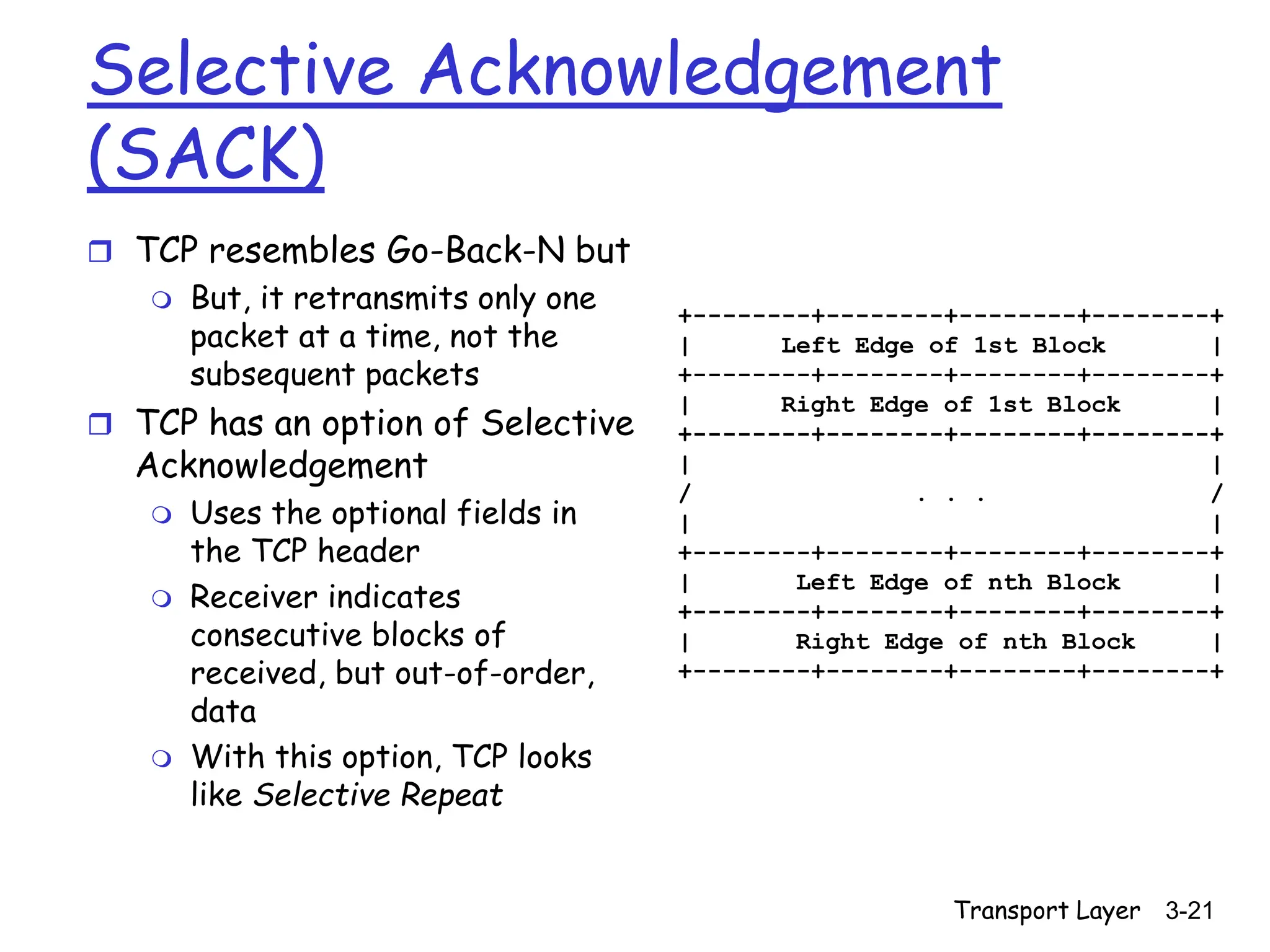 Transport Layer 3-21
Selective Acknowledgement
(SACK)
 TCP resembles Go-Back-N but
 But, it retransmits only one
packet at a time, not the
subsequent packets
 TCP has an option of Selective
Acknowledgement
 Uses the optional fields in
the TCP header
 Receiver indicates
consecutive blocks of
received, but out-of-order,
data
 With this option, TCP looks
like Selective Repeat
+--------+--------+--------+--------+
| Left Edge of 1st Block |
+--------+--------+--------+--------+
| Right Edge of 1st Block |
+--------+--------+--------+--------+
| |
/ . . . /
| |
+--------+--------+--------+--------+
| Left Edge of nth Block |
+--------+--------+--------+--------+
| Right Edge of nth Block |
+--------+--------+--------+--------+
 