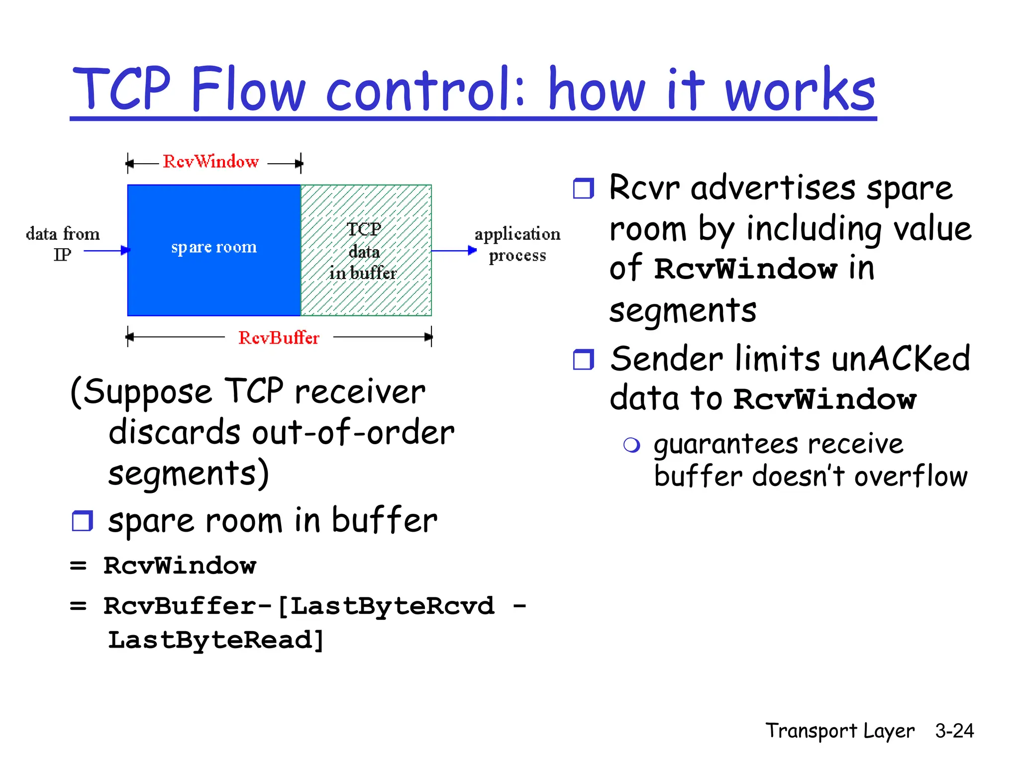 Transport Layer 3-24
TCP Flow control: how it works
(Suppose TCP receiver
discards out-of-order
segments)
 spare room in buffer
= RcvWindow
= RcvBuffer-[LastByteRcvd -
LastByteRead]
 Rcvr advertises spare
room by including value
of RcvWindow in
segments
 Sender limits unACKed
data to RcvWindow
 guarantees receive
buffer doesn’t overflow
 