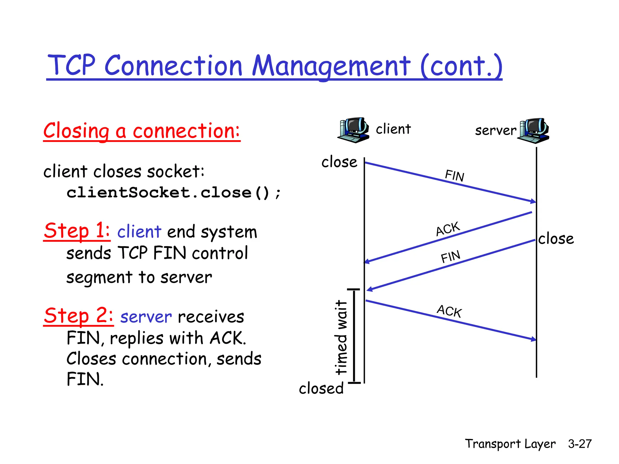 Transport Layer 3-27
TCP Connection Management (cont.)
Closing a connection:
client closes socket:
clientSocket.close();
Step 1: client end system
sends TCP FIN control
segment to server
Step 2: server receives
FIN, replies with ACK.
Closes connection, sends
FIN.
client server
close
close
closed
timed
wait
 