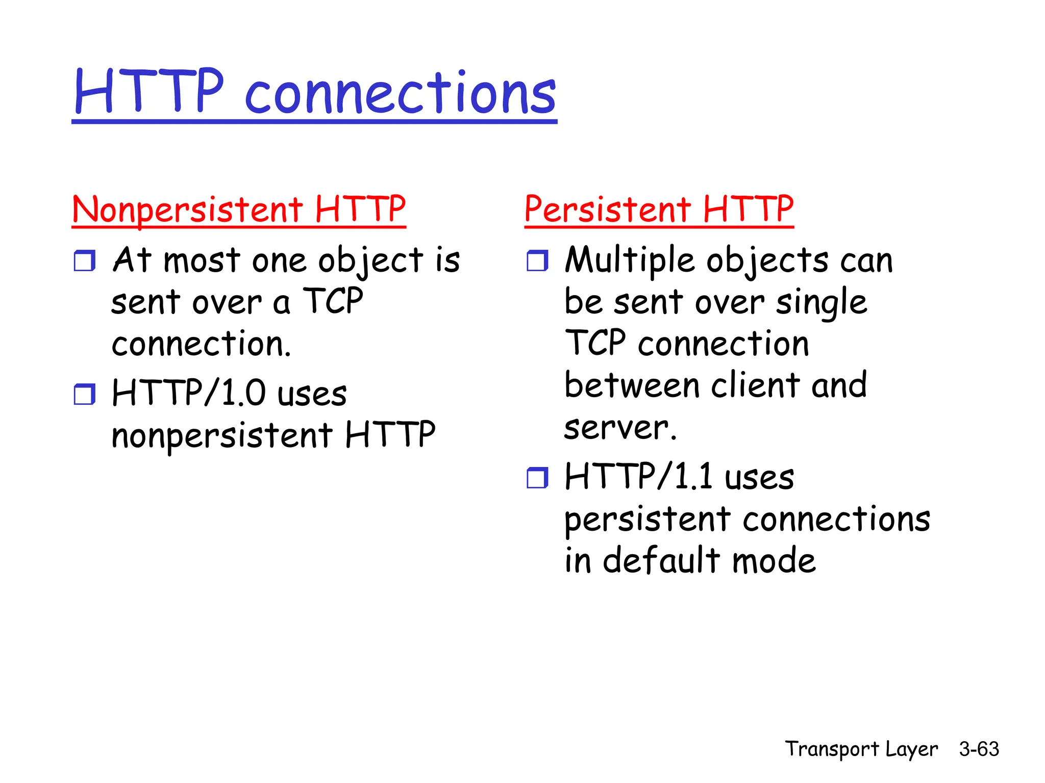 Transport Layer 3-63
HTTP connections
Nonpersistent HTTP
 At most one object is
sent over a TCP
connection.
 HTTP/1.0 uses
nonpersistent HTTP
Persistent HTTP
 Multiple objects can
be sent over single
TCP connection
between client and
server.
 HTTP/1.1 uses
persistent connections
in default mode
 