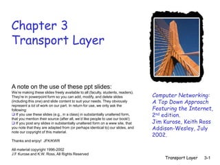 Transport Layer 3-1
Chapter 3
Transport Layer
Computer Networking:
A Top Down Approach
Featuring the Internet,
2nd edition.
Jim Kurose, Keith Ross
Addison-Wesley, July
2002.
A note on the use of these ppt slides:
We’re making these slides freely available to all (faculty, students, readers).
They’re in powerpoint form so you can add, modify, and delete slides
(including this one) and slide content to suit your needs. They obviously
represent a lot of work on our part. In return for use, we only ask the
following:
 If you use these slides (e.g., in a class) in substantially unaltered form,
that you mention their source (after all, we’d like people to use our book!)
 If you post any slides in substantially unaltered form on a www site, that
you note that they are adapted from (or perhaps identical to) our slides, and
note our copyright of this material.
Thanks and enjoy! JFK/KWR
All material copyright 1996-2002
J.F Kurose and K.W. Ross, All Rights Reserved
 