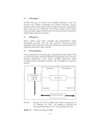 151
3. Persaingan
Konflik bagi gaya ini wujud kesan daripada persaingan antara dua
pasukan yang melihat kepentingan diri sebagai keutamaan. Justeru,
keputusan harus dibuat bagi memilih satu pihak sahaja dan mengetepikan
pihak yang lagi satu. Keputusan harus dibuat dengan pantas kerana
kedua-dua pihak enggan bertolak-ansur dan menolak untuk mengadakan
perbincangan antara satu sama lain.
4. Kompromi
Situasi apabila setiap pihak mengalah dan mengorbankan sedikit
kepentingan pasukan atau diri bagi memberi keutamaan kepada
perpaduan dalam organisasi. Kedua-dua pihak akan menang dalam satu
aspek dan kalah dalam aspek yang lain.
5. Permuafakatan
Gaya permuafakatan merupakan gaya yang paling ideal dan signifikan. Di
sini kedua-dua pihak yang berkonflik akan menggunakan situasi menang-
menang. Implikasinya, semua pihak mencapai persetujuan untuk
memaksimumkan pencapaian matlamat dan meningkatkan perpaduan
pasukan.
Persaingan Permuafakatan
Pengelakan Penyesuaian
Kompromi
Kepentingan
mencapai
matlamat
Perpaduan pasukan
Sumber: Thomas, K. (1975). Conflict and conflict management. In
M. Dunnette, M. (Ed.), The handbook of industrial and
organizational psychology, Vol. 11. Chicago: Rand Mc Nally.
Rajah 7.1: Strategi menangani konflik
 