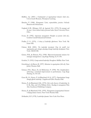 193
DuBrin, A.J. (2002 ). Fundamentals of organizational behavior (2nd ed.).
U.S.A: South-Western, Thompson Learning.
Drucker, P. (1988). Management: Tasks, responsibilities, practices. Oxford:
Butterworth-Heinemann.
England, G.W., Dhingra, O.P., & Agarwal, N.L. (1974) The manager and
the man: Across-cultural study of personal values. Kent University Press:
Ohio.
Evans, D. (1992). Supervisory management: Principles an practice (3rd ed.).
London: Cassell Educational Limited.
Fiedler, F. E. (1976). A theory of leadership effectiveness. New York: Mc
Graw-Hill.
Fulmer, R.M. (2001). The leadership investment: How the world's best
organizations gain strategic advantage through leadership development. New
York: AMACOM.
Ginter, P.M., & Duncan, W.J. (1990). Microenvironmental analysis for
strategic management. Long Range Planning, 23, 91-100.
Gordon, T. (1955). Group-centered leadership. Houghton Mifflin: New York.
Greenberg, J., & Baron, R. (1997). Behaviour in organizations (6th ed). New
Jersey: Prentice Hall.
Grinyer, P.H., Mayes, D., & McKiernan, P. (1990). The sharpbenders:
achieving a sustained improvement in performance. Long Range
Planning, 23, 116-125.
Guest R., H., Hersey, P., & Blanchard, H. K. (1977). Organizational change
through effective leadership. Engelwood Cliffs: Prentice-Hall.
Hersey, P., & Blanchard, H.K. (1974). Life cycle theory of leadership. In
O. R., Max, and A.N, William (Eds.). Readings in management. Palo
Alto: Southwest Publishing Company.
Hersey, P., & Blanchard, H.K. (1993). Management of organizational behavior:
Utilizing human resources. New York: Prentice Hall.
Hollander, E.P. (1978). Leaderships dynamic. New York: Free Press.
 