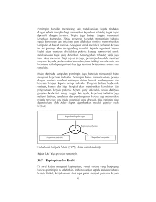 61
Pemimpin haruslah merancang dan melaksanakan segala tindakan
dengan sebaik mungkin bagi memastikan keperluan terhadap tugas dapat
dipenuhi dengan jayanya. Begitu juga halnya dengan memenuhi
keperluan kumpulan. Pihak pengurus haruslah memastikan bahawa
segala keputusan dan tindakan yang dilakukan sentiasa memotivasikan
kumpulan di bawah mereka. Kegagalan untuk memberi perhatian kepada
isu ini pastinya akan mengundang masalah kepada organisasi kerana
kualiti akan menurun disebabkan pekerja kurang bermotivasi untuk
melaksanakan tugas yang diberikan. Kesungguhan terhadap kerja juga
turut akan menurun. Bagi tujuan ini juga, pemimpin haruslah memberi
tumpuan kepada pembentukan kumpulan (team building), membentuk rasa
kecintaan terhadap organisasi dan juga sentiasa bekerjasama antara satu
sama lain.
Selain daripada kumpulan pemimpin juga haruslah mengambil berat
mengenai keperluan individu. Pemimpin harus memotivasikan pekerja
dengan sentiasa memberi sokongan dalam bentuk pembangunan dan
kejayaan kerjaya kepada setiap individu. Program latihan berbentuk
seminar, kursus dan juga bengkel akan memberikan kemahiran dan
pengetahuan kepada pekerja. Seperti yang diketahui, selain daripada
ganjaran berbentuk wang ringgit dan upah, keperluan individu juga
meliputi latihan, kemahiran dan pembangunan kerjaya bagi memastikan
pekerja tersebut setia pada organisasi yang diwakili. Tiga peranan yang
digambarkan oleh Adair dapat digambarkan melalui gambar rajah
berikut:
Keperluan individu
Keperluan kepada tugas
Keperluan kumpulan
Kepimpinan berjaya
Diubahsuai daripada Adair. (1979). Action centred leadership.
Rajah 3.1: Tiga peranan pemimpin
3.6.2 Kepimpinan dan Kualiti
Di awal kajian mengenai kepimpinan, ramai sarjana yang berpegang
bahawa pemimpin itu dilahirkan. Ini berdasarkan kepada andaian bahawa
bentuk fizikal, kebijaksanaan dan rupa paras menjadi penentu kepada
 
