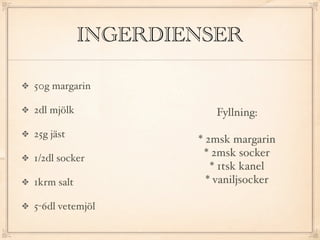 INGERDIENSER

50g margarin

2dl mjölk              Fyllning:
25g jäst
                    * 2msk margarin
1/2dl socker          * 2msk socker
                       * 1tsk kanel
1krm salt             * vaniljsocker

5-6dl vetemjöl
 