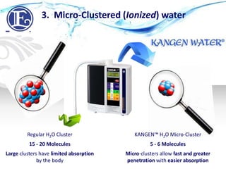Regular H2O Cluster
15 - 20 Molecules
Large clusters have limited absorption
by the body
3. Micro-Clustered (Ionized) water
KANGEN™ H2O Micro-Cluster
5 - 6 Molecules
Micro-clusters allow fast and greater
penetration with easier absorption
 