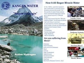 Nordenau, Germany
Lourdes, France
How It All Began Miracle Water
Tlacote, Mexico
KANGEN WATER
“Return to Origin”
Zam Zam (Mecca)
Are you suffering from
these?
Diabetes
Heart Disease
Auto-immune Diseases
Gout
Cancer
High Cholesterol
Hypertension
Duodenal Ulcers
Viral Infection
Diarrhea
Bechcet’s Disease Crohn’s, SLE
Active Hydrogen
In the 1950’s, scientist research
was conducted in several unique
locations around the world. For
thousands of years these places
have maintained legendary status
as a natural source of “Miracle
Water”.
It was discovered that the “Miracle
Healing Water” at all these locations
had one thing in common…
an abundance of Active Hydrogen ..
which today is know as Electrolyzed
Alkaline Anti-Oxidant Water
(EAAW)
3 Properties
*Active Hydrogen
*High Alkalinity
*Micro-clustered
 
