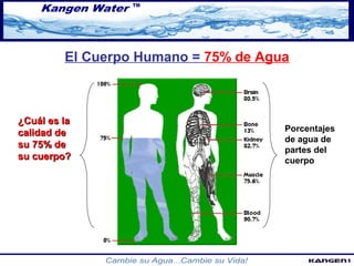 El Cuerpo Humano = 75% de Agua 
Porcentajes 
de agua de 
partes del 
cuerpo 
¿CCuuááll eess llaa 
ccaalliiddaadd ddee 
ssuu 7755%% ddee 
ssuu ccuueerrppoo?? 
 