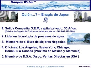 Quién…? – Enagic de Japon 
Tokyo Taipei Fukuoka Osaka 
1. Sólida Compañía:O.E.M, capital privado, 35 Años. 
(Fabricante Original de Equipos en todas sus etapas: CALIDAD ISO 9000) 
2. Líder en tecnologia de procesos de agua. 
3. Miembro de el Buro de Mejores Negocios. 
4. Oficinas: Los Ángeles, Nueva York, Chicago, 
Honolulu & Canadá (Proximo en Mexico y Alemania) 
5. Miembro de D.S.A. (Asoc. Ventas Directas en USA ) 
Enagic Factoría - Osaka, 
Japan 
 
