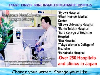 Change your water…Change your life
*Kyowa Hospital
*Kitari Institute Medical
Center
*Showa University Hospital
*Kanto Teishin Hospital
*Nara College of Medicine
Hospital
*Iida Hospital
*Tokyo Women’s College of
Medicine
*Hanabtake Hospital
*Over 250 Hospitals
and clinics in Japan
 