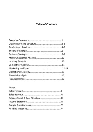 Table of Contents




Executive Summary…………………………………………………1
Organization and Structure……………………………………..2-3
Product and Services……………………………………………….4-5
Theory of Change…………………………………………………….6
Business Strategy…………………………………………………….6-9
Market/Customer Analysis………………………………………10
Industry Analysis……………………………………………………..10
Competitor Analysis…………………………………………………11
Marketing and Sales…………………………………………………12-14
Operational Strategy……………………………………………….15
Financial Analysis…………………………………………………….16
Risk Assessment………………………………………………………17


Annex
Sales Forecast…………………………………………………………I
Sales Revenue…………………………………………………………II
Balance Sheet & Cost Structure………………………………III
Income Statement………………………………………………….IV
Sample Questionnaire…………………………………………….V
Reading Materials…………………………………………………..VI
 