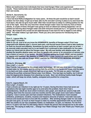 Below are testimonies from individuals that have tried Kangen Water and experienced
results. These testimonials were submitted by real people and are presented to you, unedited and in
their own words.

Sheila H., Sacramento, Ca
How Long? = 4 months
I have had Acid Reflux/indigestion for many years. At times the pain would be so bad it would
awaken me from sleep. I'd get out of bed, take my Rx and start running in place to try and move the
food down, this did not give much relief. After that I would have to sleep in a sitting position for the
rest of the night. Since the very first time I drank Kangen water I have not had any more of those
attacks. A couple of times I thought I was going to have an attack but nothing happened. I am so
grateful for learning about Kangen water and wish everyone would just try it. It is good for so many
things. My husband who would not eat salad because it was hard for him to digest is now eating
salad. The water makes it go right down. Thank you Jerry and Leonora for introducing me to
Kangen water.

Ryan C., Laguna Hills, Ca
How Long? = 9 months
Hello to you all. Just to let you know the WONDERFUL benefits of Kangen water!! First I was
diagnosed with diabetes type 2, chronic back pain, and thyroid issues where I had to take medicine
for both my thyroid and diabetes. Sometimes my back would be so bad I couldn't get out of bed. I
do exercise (walk everyday) and try to eat healthy but I continued to take medication for five years
before my friend told me about the Kangen water. My wife was familiar with alkaline water, she
studied the benefits alkaline water can have for people with cancer or for prevention of cancers (she
has a history of cancer in her family). We didn't hesitate getting the Enagic SD501 and we couldn't
be happier and healthier!! My diabetes is COMPLETELY under control (no medication) and I'm pain
FREE!! My wife she calls are Enagic SD501 machine her PREVENTATIVE MEDICINE MACHINE!!


Shirley N., Winnipeg, MB
How Long? = 1 month
Dear Friends, I am amazed by this simple water technology. All I did was drink lots of this Kangen
ionized water for two weeks, and the aching from the arthritis in my hands and knees, and the pains
in my back and neck, simply dissolved right out of my body. For the past six years I had been
drinking the purified, enhanced filtered water from Nikken. This has kept me healthy, but it did not
stop the degenerative diseases from attacking my body. Now I am drinking freshly-made Kangen
water, which will keep me whole, healthy, energized and youthful for a long time.


Kate R., Laguna Beach, CA
How Long? = 6 weeks
I had a chronic ear infection in my right ear for 13 years. During this time I have had seven ear
operations (the last eight months ago) to try and solve the problem. Each time I had a
mastoidectomy, rebuilt ear drum which involved a skin graph, and rebuilt ear canal to help with
swelling. Each time the recovery took two months and the skin graph never took hold or healed
properly. I was in severe pain and had constant infections. The medications I took included
anibiotics, prednisone, vicodine, musinex and massive amounts of tylenol. I was told I was auto
immune and would just have to live with the condition. After drinking Kangen water for one week
the pain was gone, so much so that I forgot to make my monthly appointment with my ear doctor.
After two weeks my ear has completely healed, no medication, no pain, no infection. For the first
time in 13 years I am free! It is like being reborn! I thank the person that introduced me to the water
every day. The saying is really true ... Change Your Water Change Your Life! Thank you! Thank you!
Thank you!
 