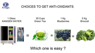 CHOICES TO GET ANTI-OXIDANTS
1 Glass
KANGEN WATER
=
20 Cups
Green Tea
=
1 Kg
Blueberries
=
5 Kg
Broccoli
Which one is easy ?
 