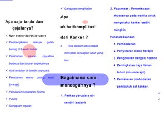 Apa saja tanda dan
gejalanya?
 Nyeri sekitar daerah payudara
 Pembengkakan kelenjar getah
bening di bawah Ketiak.
 Perubahan ukuran payudara
berbeda dari ukuran sebelumnya
 Ada benjolan di daerah payudara.
 Perubahan warna puting susu
(orange).
 Penurunan kesadaran, Koma
 Pusing
 Gangguan ingatan
 Gangguan penglihatan
Apa
akibat/komplikasi
dari Kanker ?
• Bila stadium lanjut dapat
menyebar ke bagian tubuh yang
lain.
Bagaimana cara
mencegahnya ?
1. Periksa payudara diri
sendiri (sadari)
2. Papsmear : Pemeriksaan
khususnya pada wanita untuk
mengetahui kanker sedini
mungkin
Penatalaksanaan
1. Pembedahan
2. Penyinaran (radio terapi)
3. Pengobatan dengan hormon
4. Peningkatan daya tahan
tubuh (imunoterapi).
5. Pemakaian obat-obatan
pembunuh sel kanker.


 