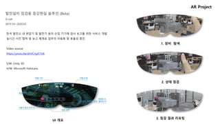 한국 발전소 내 변압기 및 발전기 등의 산업 기기에 검사 보고를 위한 서비스 개발.
실시간 사진 캡쳐 및 보고 체계로 업무의 자동화 및 효율성 증진.
Video source:
https://youtu.be/dnVCngX1VJk
S/W: Unity 3D
H/W: Microsoft HoloLens
1. 장비 탐색
AR Project
UI 개요
2. 상태 점검
3. 점검 결과 리포팅
발전설비 점검용 증강현실 솔루션 (Beta)
G-Lab
2019.10~2020.03
 