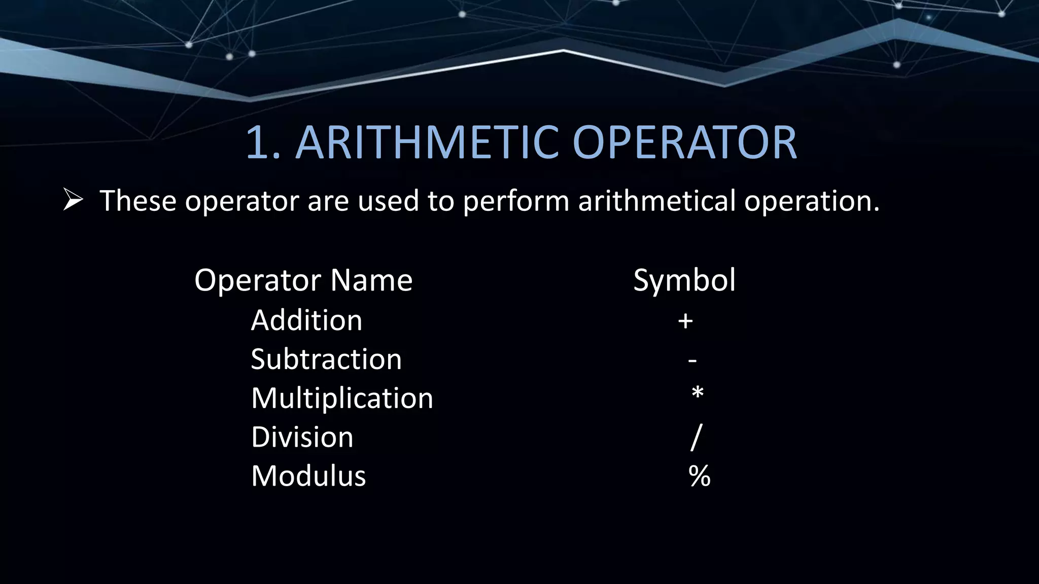 1. ARITHMETIC OPERATOR
 These operator are used to perform arithmetical operation.
Operator Name Symbol
Addition +
Subtraction -
Multiplication *
Division /
Modulus %
 