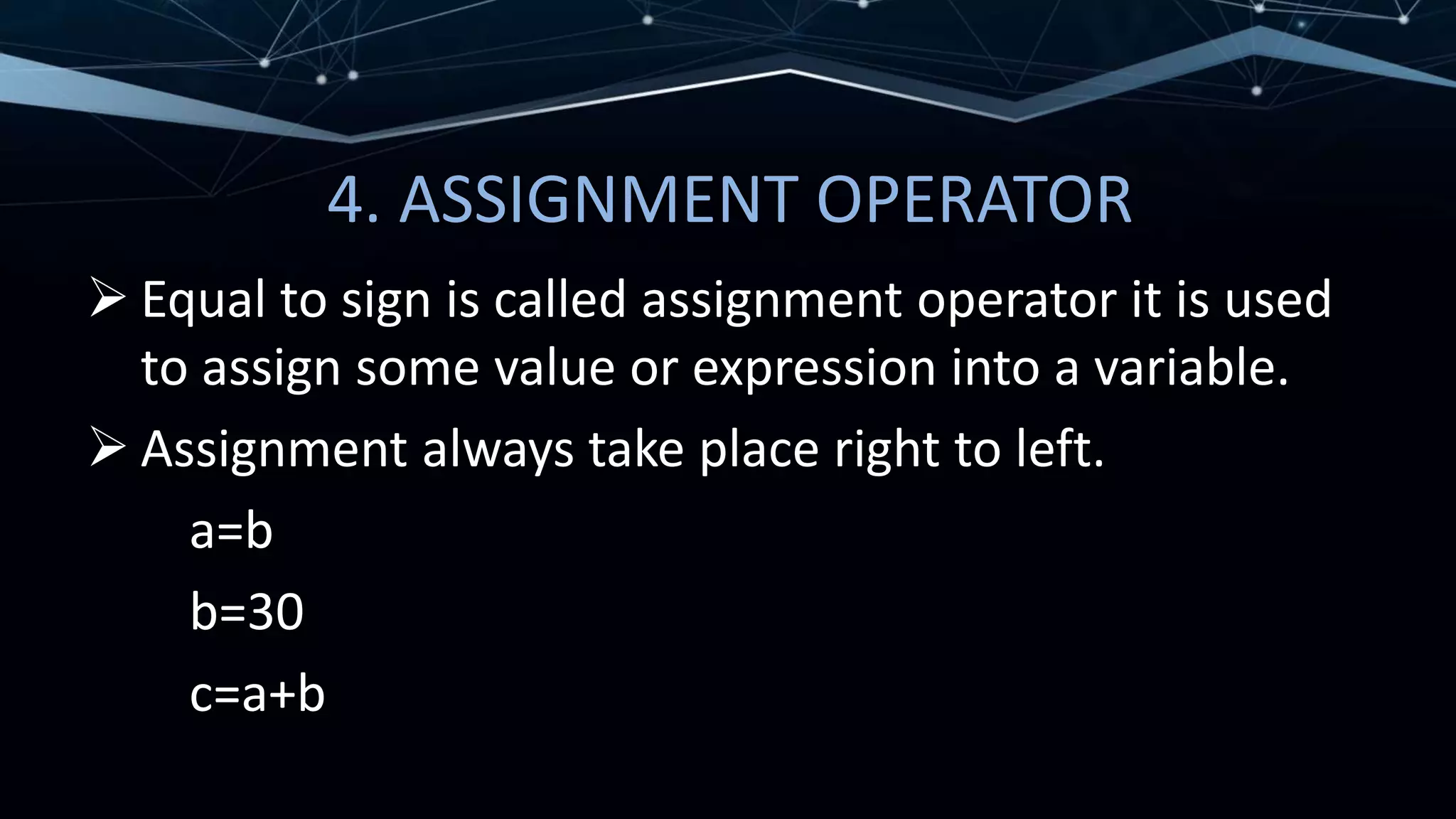 4. ASSIGNMENT OPERATOR
 Equal to sign is called assignment operator it is used
to assign some value or expression into a variable.
 Assignment always take place right to left.
a=b
b=30
c=a+b
 