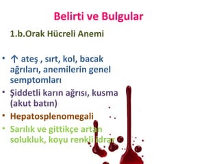 Belirti ve Bulgular
• ↑ ateş , sırt, kol, bacak
ağrıları, anemilerin genel
semptomları
• Şiddetli karın ağrısı, kusma
(akut batın)
• Hepatosplenomegali
• Sarılık ve gittikçe artan
solukluk, koyu renkli idrar
1.b.Orak Hücreli Anemi
 